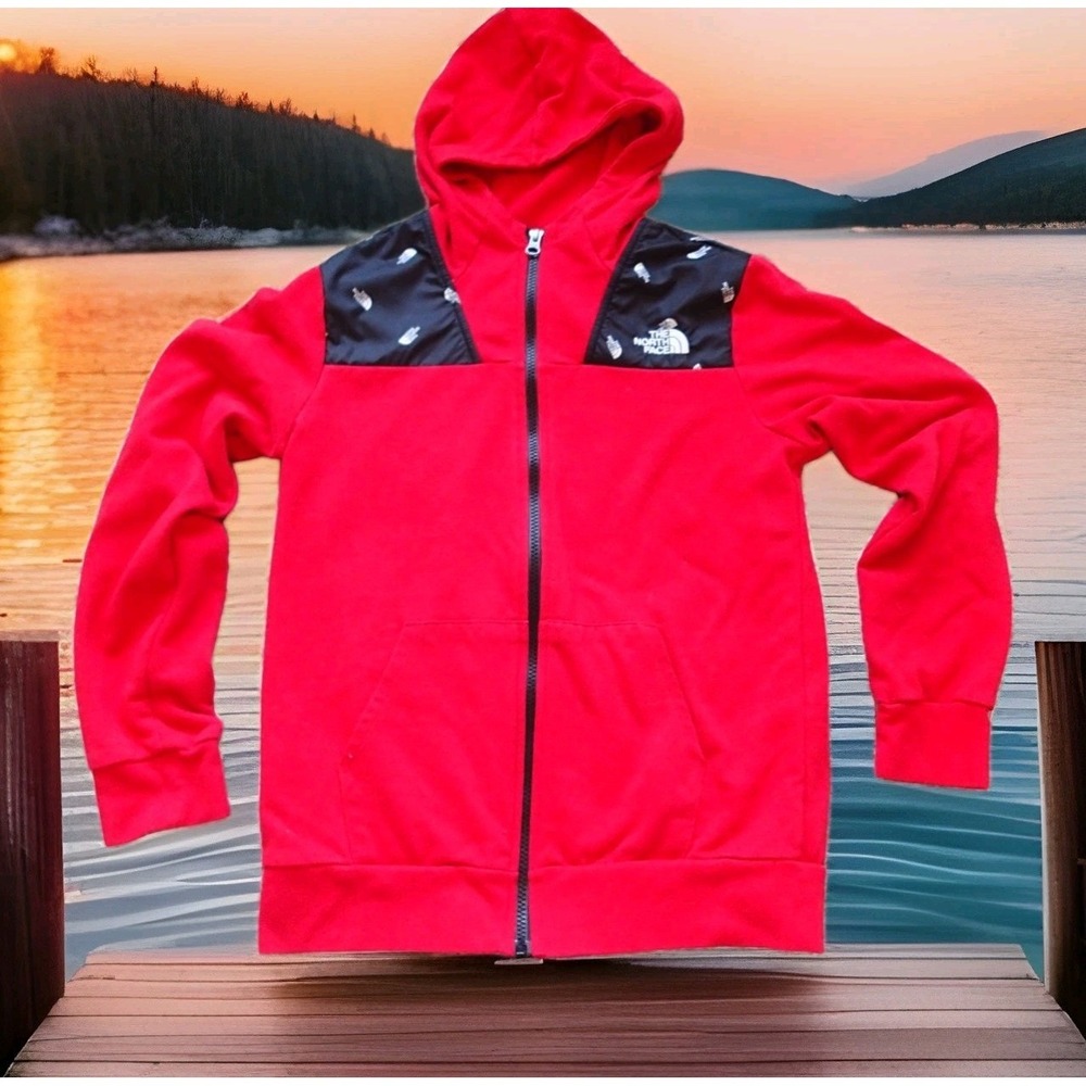 The North Face Full Zip Hoodie Boys Large 14/16 Red Excellent Logo Overlays